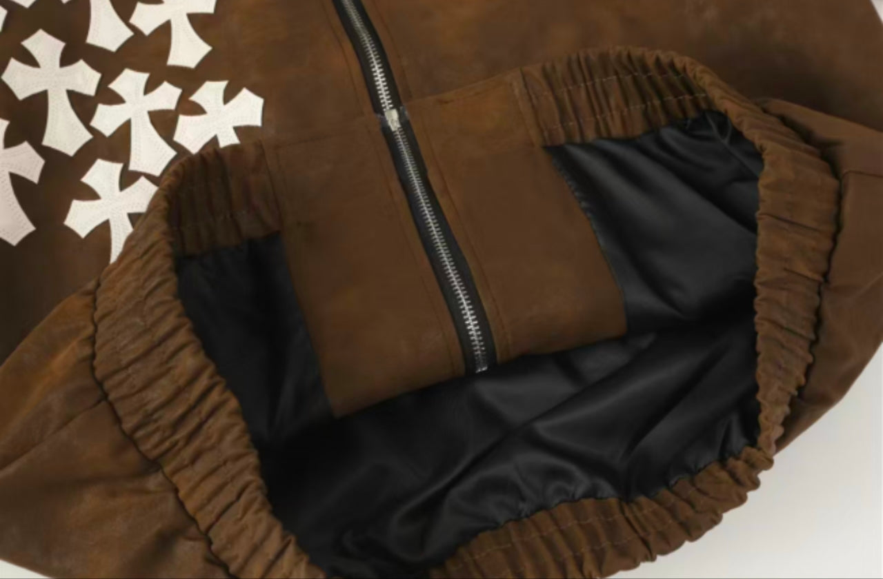 Chrome Hearts Cross Patch Suede Jacket - Brown Gothic Streetwear Outerwear 8833