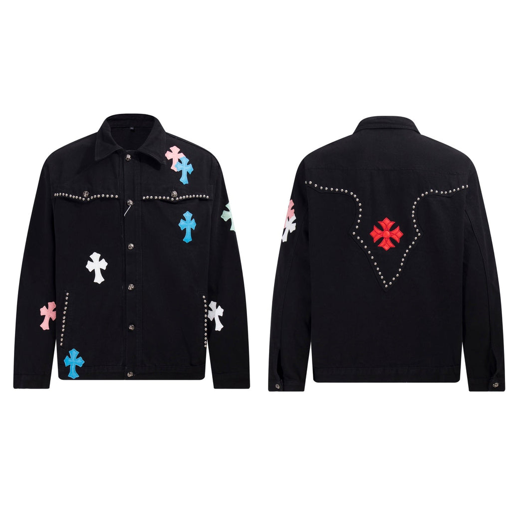 Chrome Hearts Multi Cross Studded Denim Jacket - Black Gothic Streetwear Coat H49